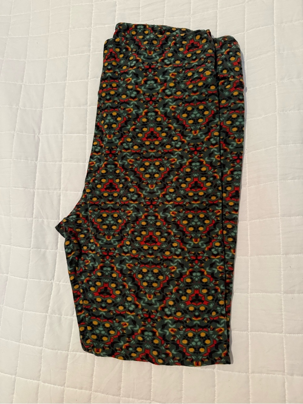 LuLaRoe Women's Leggings in Black with Red, Green & Yellow Pattern